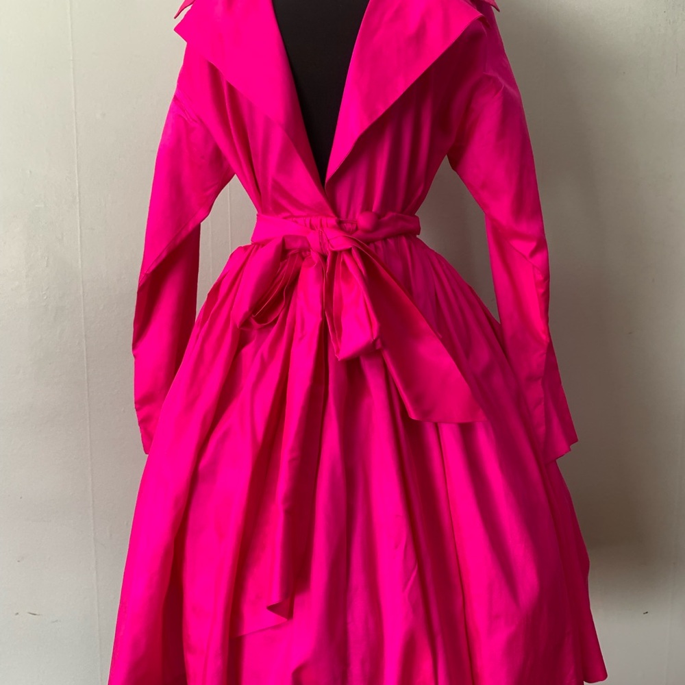 Vintage 1990s Hot Pink Silk Dress Catherine Regehr Dramatic Wrap Cocktail Dress - Picture 3 of 9